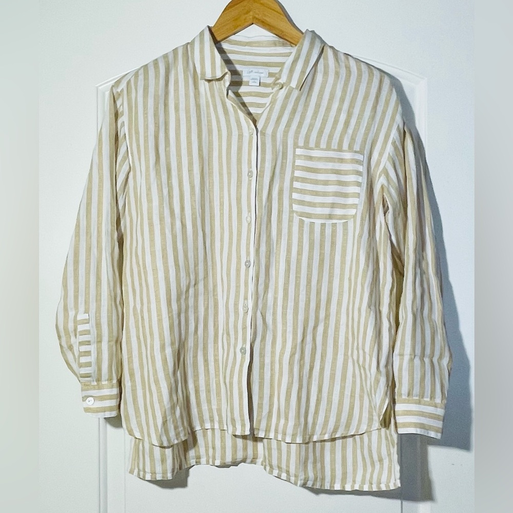 Vintage J. Jill Cream Brown Striped Love Linen Buttoned Down Size Small Petite